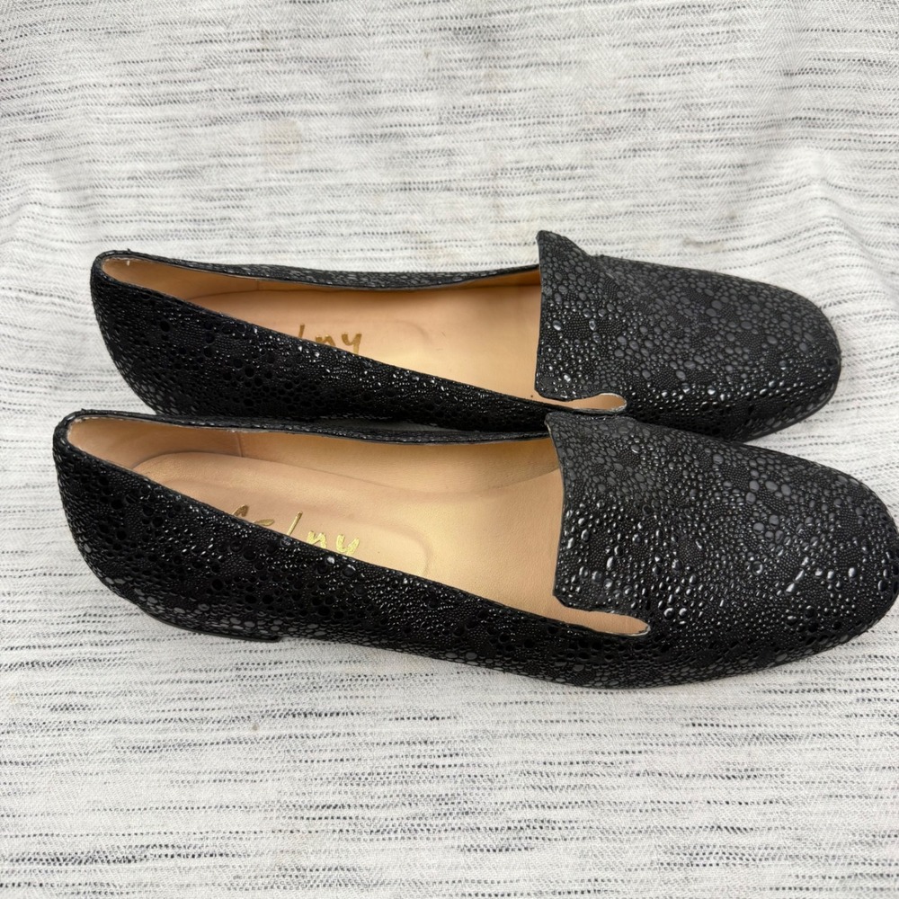French Sole Black Leather Textured Dots Flats Smoking Loafers Size 9 Career